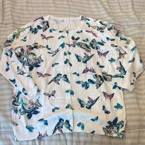Talbots White Cardigan with Blue and Purple Butterfly Print